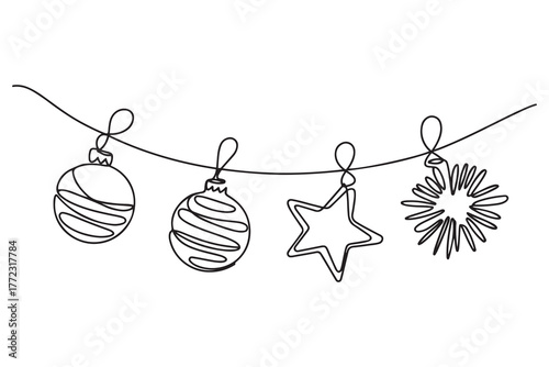 Merry Christmas decoration. Continuous one line art. Holiday greeting card Christmas ball, star and tinsel. one line Icon drawing with white background