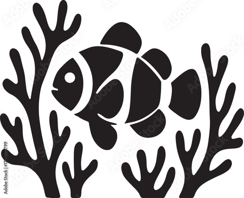 Clownfish silhouette vector swimming among coral branches in bold minimal ocean design.