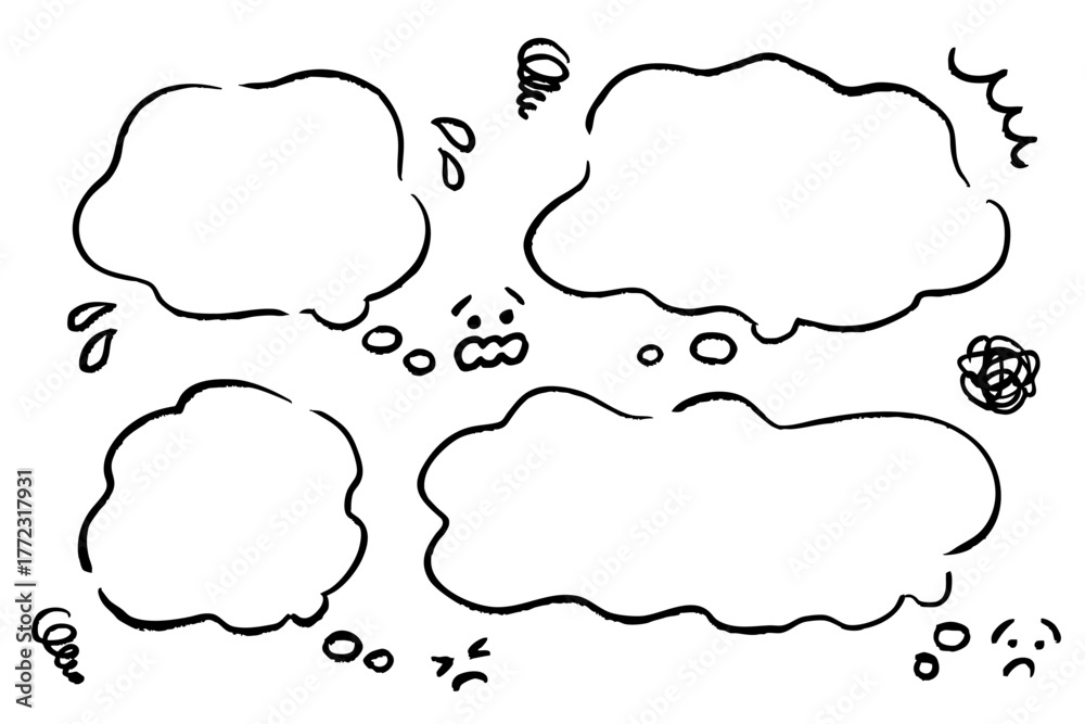 Fototapeta premium 手書き風のネガティブな感情を表すスピーチバブルセット｜悩み・焦り・ストレス・困惑を描いたモノクロイラスト素材