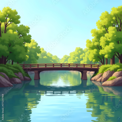 Serene bridge over calm river reflecting lush trees, tranquil nature