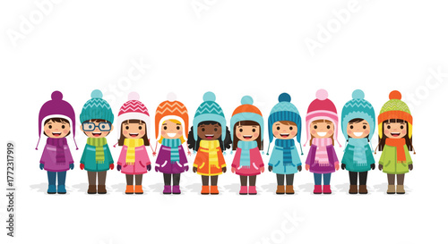 A diverse group of ten happy children wearing colorful winter coats, hats, and scarves, smiling and standing together on a white background.