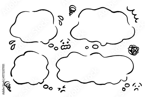 手書き風のネガティブな感情を表すスピーチバブルセット｜悩み・焦り・ストレス・困惑を描いたモノクロイラスト素材