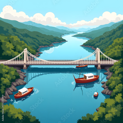 Scenic river with fishing boats beneath bridge, serene landscape