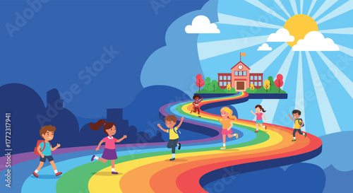 Happy diverse children walk and run along a vibrant rainbow path leading to a school under a bright, sunny sky, symbolizing education and growth.