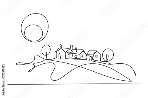 Continuous line drawing. Landscape with village on hill. one line Icon drawing with white background