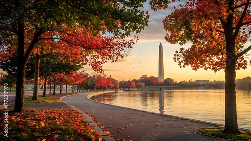 Golden hour sunset illuminates washington monument and tidal basin with vibrant autumn foliage and reflective water
