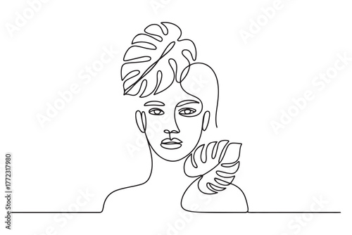 Beauty woman face with monstera leaves One Line drawing art. Continuous line icon. one line Icon drawing with white background