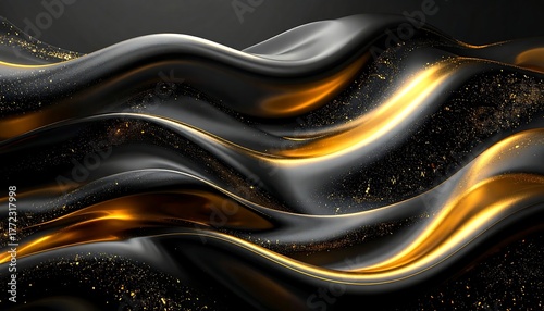 Abstract waves of black and gold flow and intertwine, creating a dynamic and luxurious visual texture with sparkling elements.