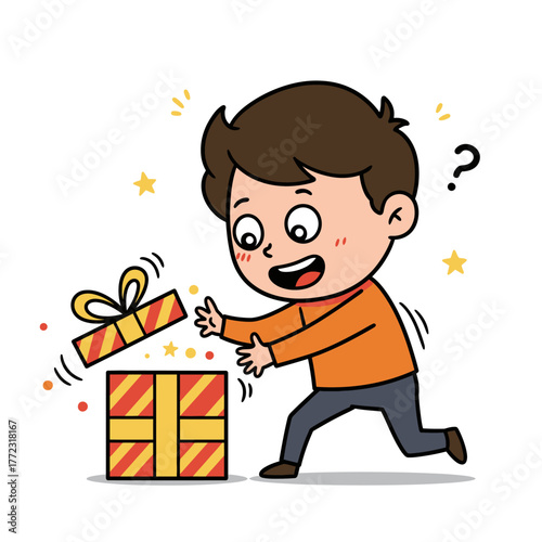 Surprised cartoon boy in an orange shirt opening a colorful striped gift box with a curious expression.