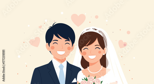 A delightful cartoon illustration of a happy bride and groom, smiling brightly on their wedding day, surrounded by soft hearts and joyful elements.