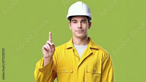 Male construction worker in yellow uniform holds tools against green backdrop