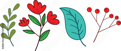 Simple hand-drawn botanical collection featuring green leaves, red flowers, teal leaf, and berry twig 