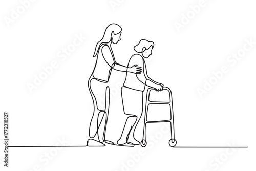 Continuous line drawing. Young woman help old woman using a walking frame. one line Icon drawing with white background