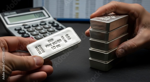 Close-up of human hands holding stacks of shiny silver bars, symbolizing precious metal investment and wealth management