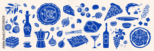 Italian food doodle icons. Pizza, pasta, tomato, lemon, cheese, olive, wine vintage drawing.