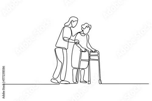 Continuous line drawing. Young woman help old woman using a walking frame. one line Icon drawing with white background