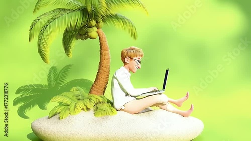 Man working on laptop under stylized palm tree on small island against green backdrop
