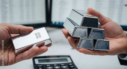 Close-up of human hands holding stacks of shiny silver bars, symbolizing precious metal investment and wealth management