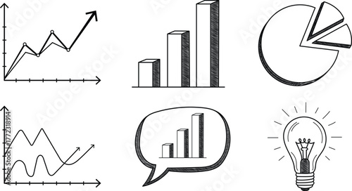 Minimalist hand-drawn set of 6 data visualization and idea icons including line graph, bar chart, pie chart, and lightbulb