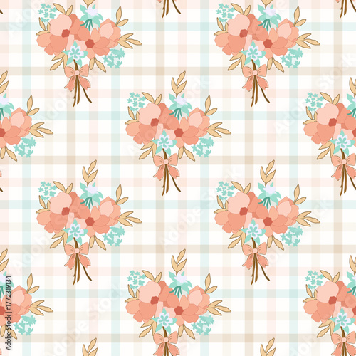 Preppy flirty flower bouquet with bow seamless pattern on check bow background. Vector cute cartoon hand-drawn illustration. Tartan check, textile, baby clothes, wallpaper, scrubbing, fabric