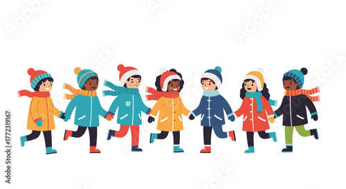 Diverse group of happy children in colorful winter clothes holding hands and running together.