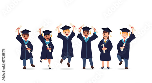 A group of diverse, happy elementary school graduates celebrating their achievement with diplomas and wearing caps and gowns.