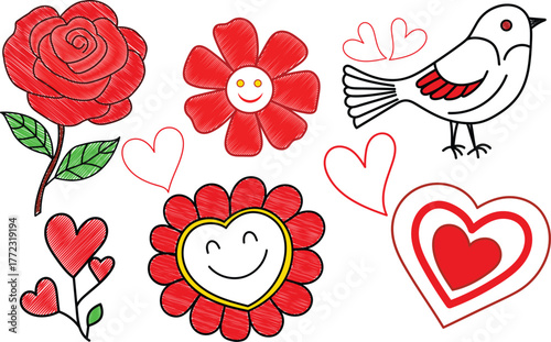 Cheerful hand-drawn Valentine’s set of 6 playful elements including rose, smiling flowers, hearts, and a bird 