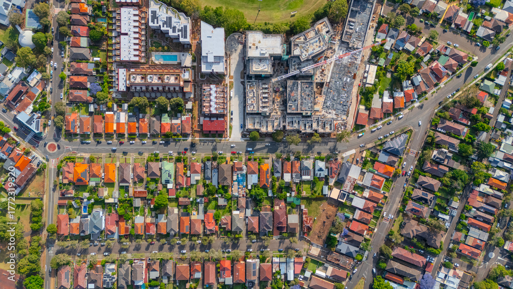 Fototapeta premium Panorama aerial drone view of western Sydney Suburbs of Canterbury Burwood Ashfield Marrickville Campsie with Houses roads and parks in Sydney New South Wales NSW Australia