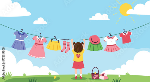 A young girl hangs colorful children's clothes on a clothesline in a sunny outdoor setting with a blue sky and green grass.