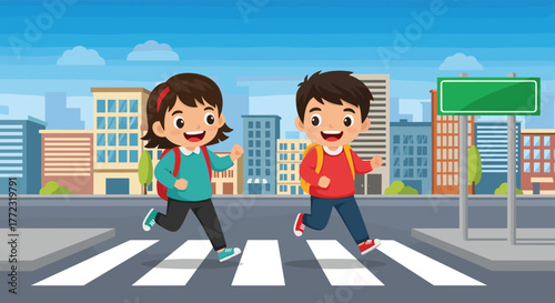 Two happy elementary school children with backpacks are running across a zebra crossing in a city on a sunny day.