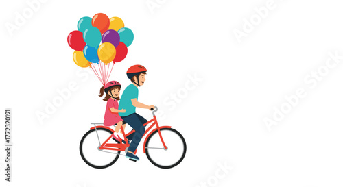 Father and daughter enjoying a cheerful bicycle ride with a large bunch of colorful balloons, wearing helmets for safety.
