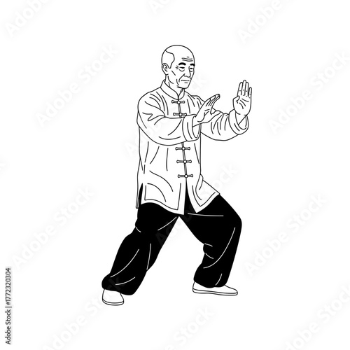 Elderly Asian man practicing Tai Chi while standing outdoors  