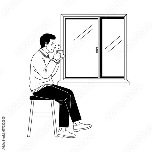Senior man sipping hot drink while sitting on stool by window  