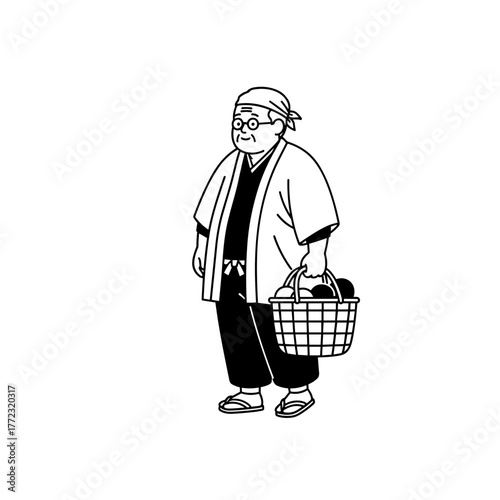 Elderly man standing and carrying a basket of vegetables in traditional attire  