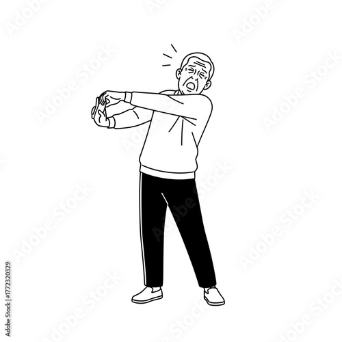 Elderly man stretching and yawning in morning exercise routine  