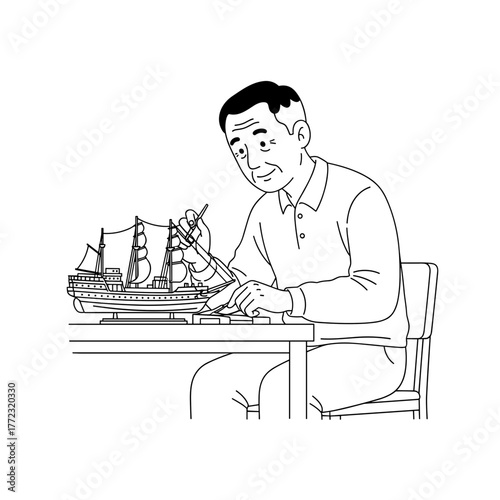 Elderly man assembling a model ship at a table indoors  