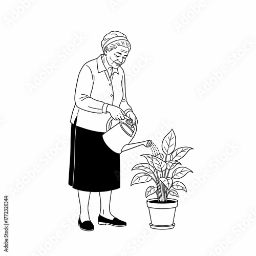 Elderly woman watering a plant indoors while wearing a headscarf  