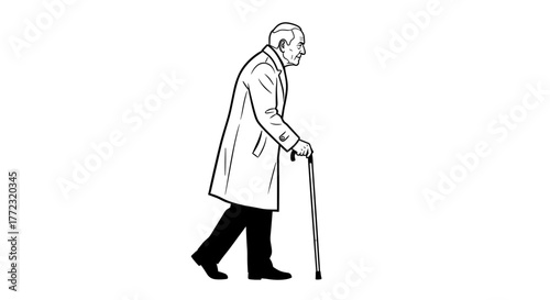 Elderly man walking with a cane in a linear illustration style  