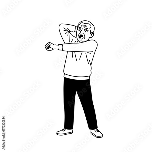 Elderly man yawning and stretching in morning routine indoors  