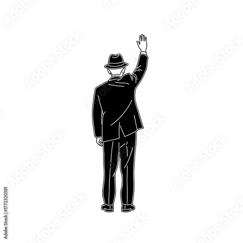 Older man in suit waving hand while hailing a taxi on street  