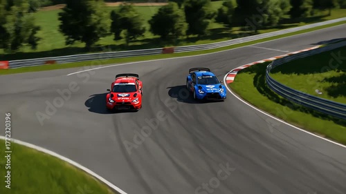 Two Cars Racing on Asphalt Track from Aerial View