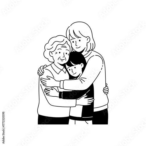 Elderly woman hugging family members with joy and warmth  