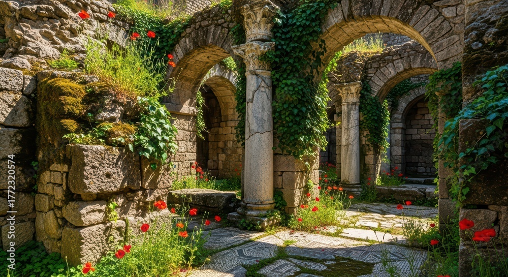 Fototapeta premium Ancient stone ruins with arches and ivy-covered columns in a sunlit garden
