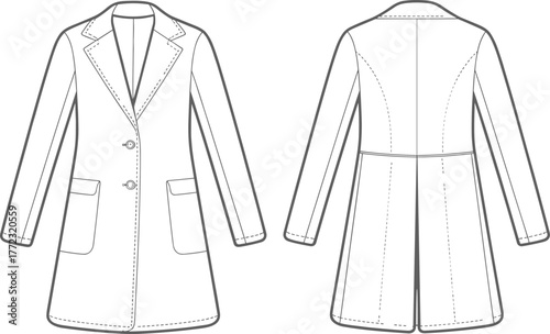 Cad drawing flat vector illustration, women’s tailored coat sketch front back view, fashion design template, garment construction, clothing pattern outline