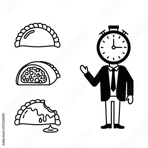 Outline dumplings and clock-headed businessman