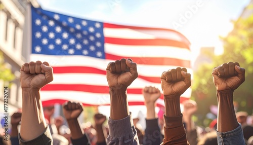 Raised Fists with American Flag in Background.