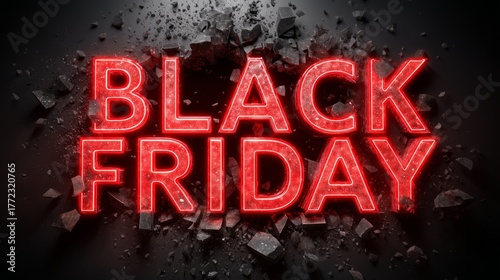 Black friday text in luminous neon letters breaking apart a dark background