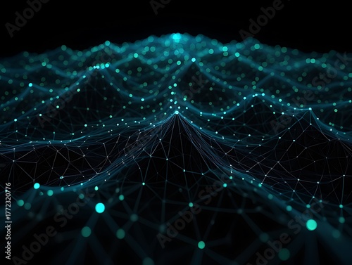 Abstract glowing blue network grid with bokeh lights on black background technology