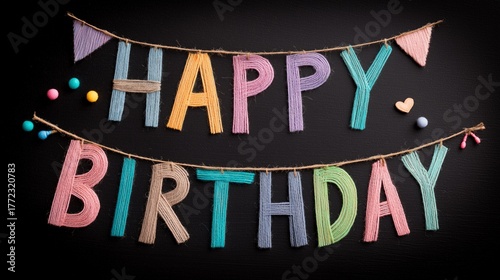 Colorful yarn letters spelling happy birthday creating a festive garland on a black background