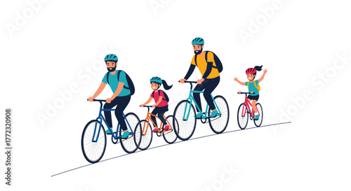 A happy family, including two fathers and two daughters, enjoys a recreational bike ride together, pedaling uphill on a sunny day.